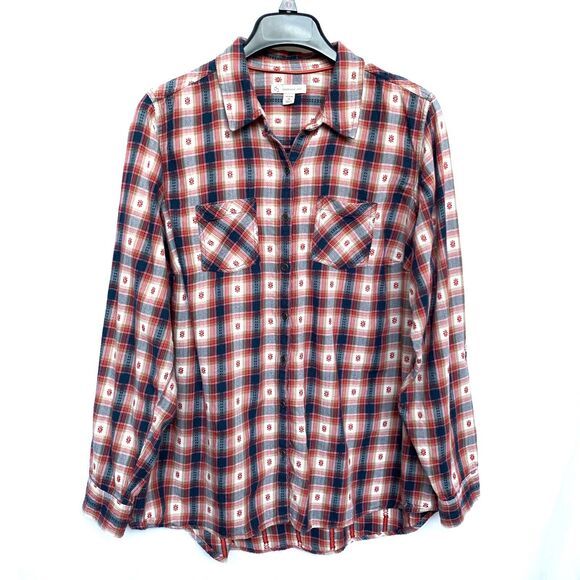 cb Women's Button-Up Shirt Size 1X Blue Red Multicolor Plaid Long-Sleeves Cotton - Picture 2 of 11